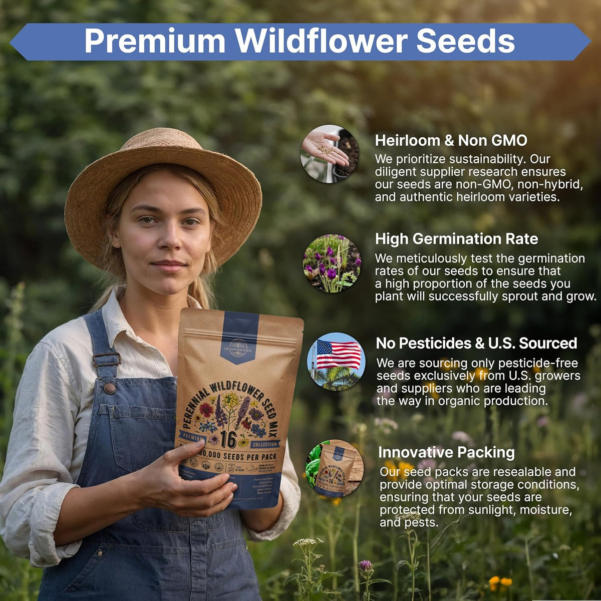 Organo Republic 16 Perennial Wildflower Seeds Mix for Indoor & Outdoors. 100,000+ Non-GMO, Heirloom