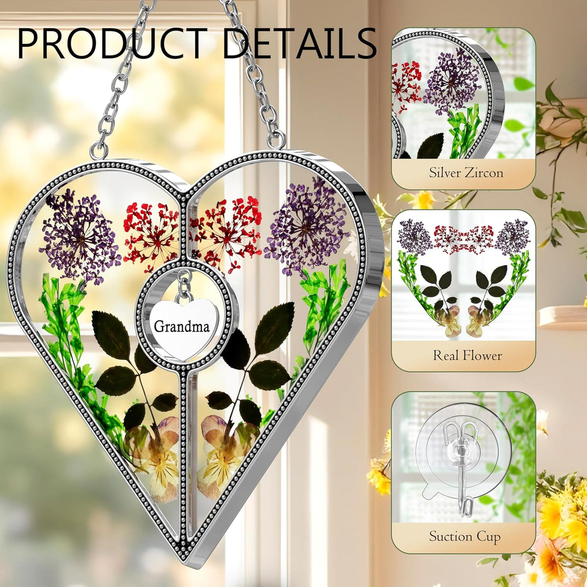 KY&BOSAM Heart Suncatcher Grandma Gifts Stained Glass Panels for Windows Hangings Wind Chime