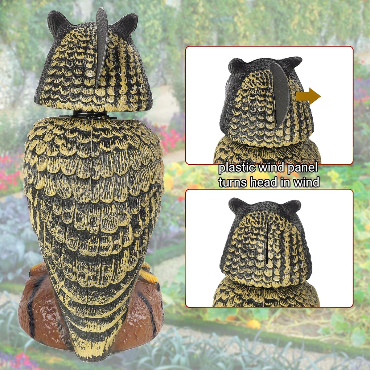 Hausse 2 Pack Bird Scarecrow Fake Owl Decoy Sculpture, 10.6 Inch Height Golden Rotating Head