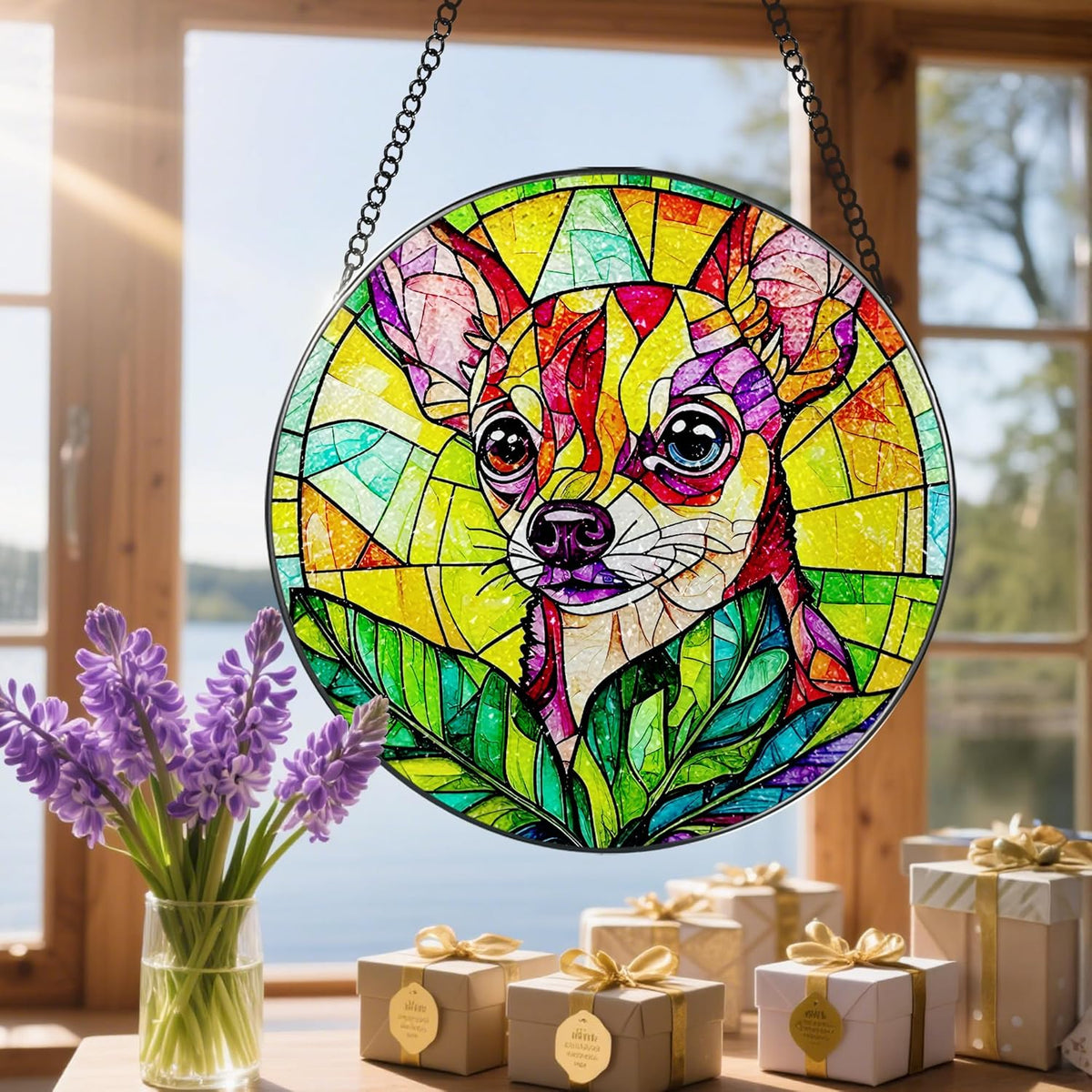 8″ Stained Glass Window Hanging Ornament, Vibrant Chihuahua Stained Glass Suncatcher Ornament