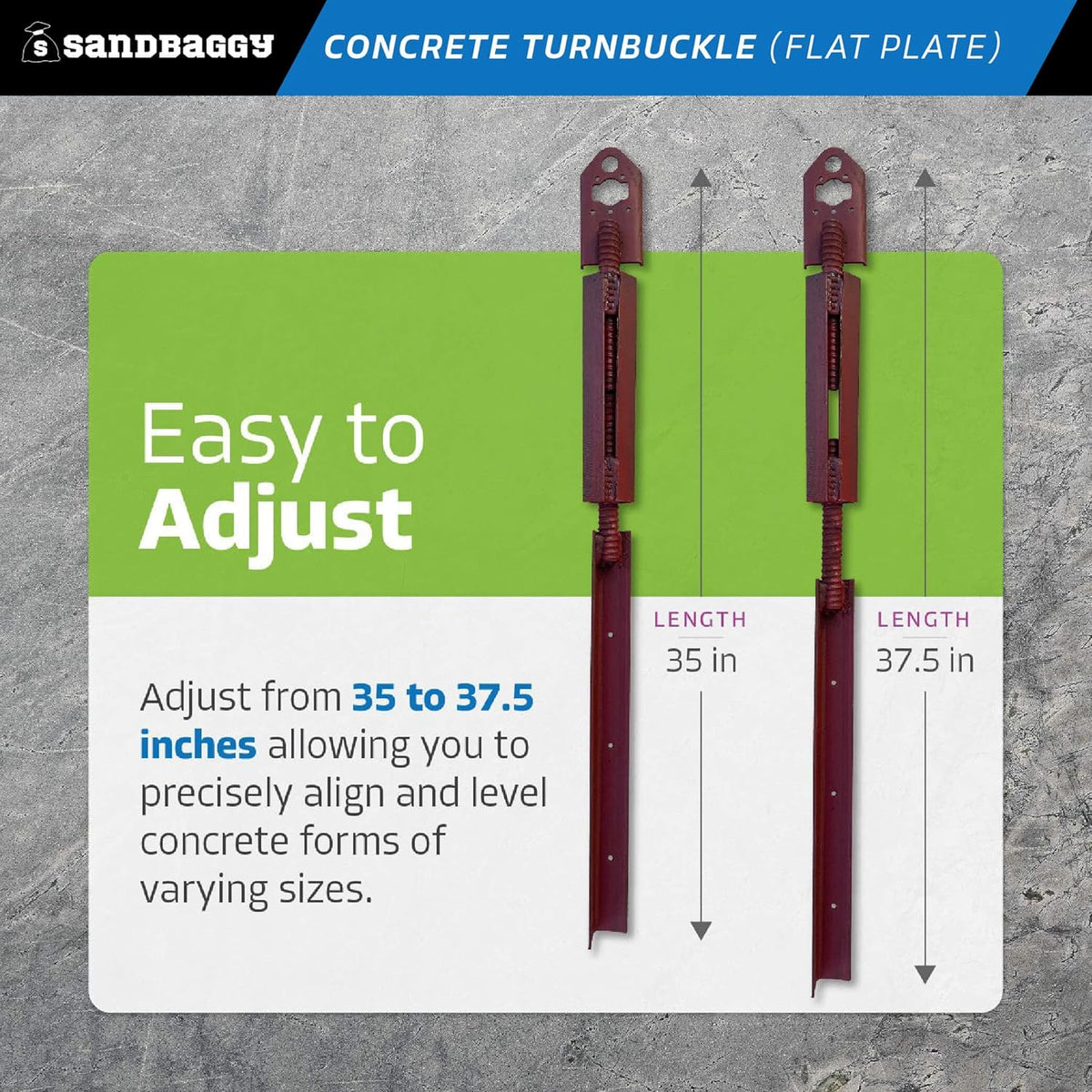 Sandbaggy Concrete Turnbuckle Form Aligner with 5" x 3" Flat Plate (35" - 37.5" Length) - Rust