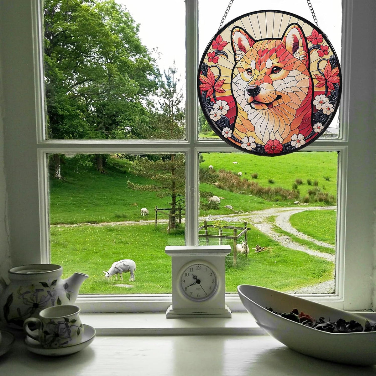 Stained Glass Dog Memorial Suncatcher,Shiba Inu Window Hanging,Sympathy Gifts for Pet Loss,7.9