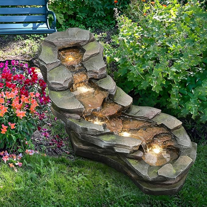 49" L Water Fountain Outdoor 5-Tiers Rock Natural Waterfall Fountains Floor Standing Water Features
