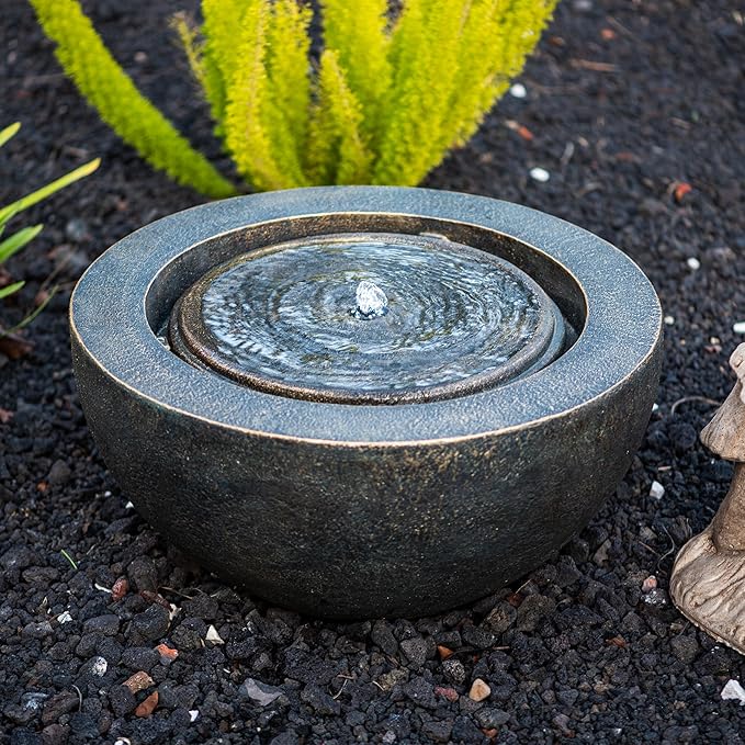 Xbrand 19.8" W Round Polyresin Indoor/Outdoor Sphere Water Fountain with LED Light, Garden/Patio Water Fountain Décor, Bronze