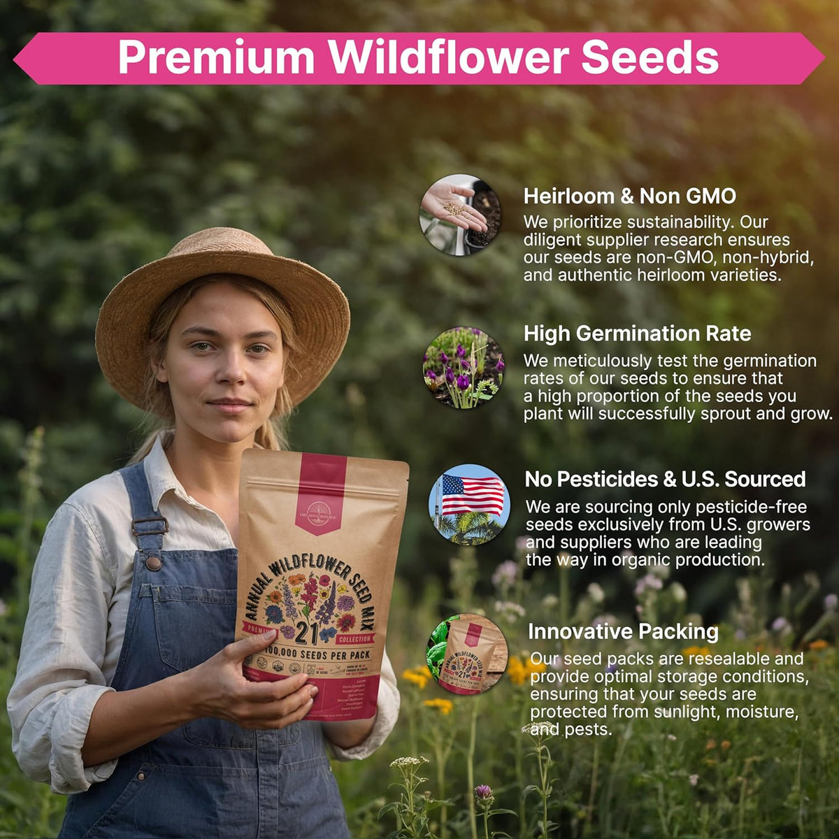 Organo Republic 21 Annual Wildflower Seeds Mix for Indoor & Outdoors. 100,000+ Non-GMO, Heirloom
