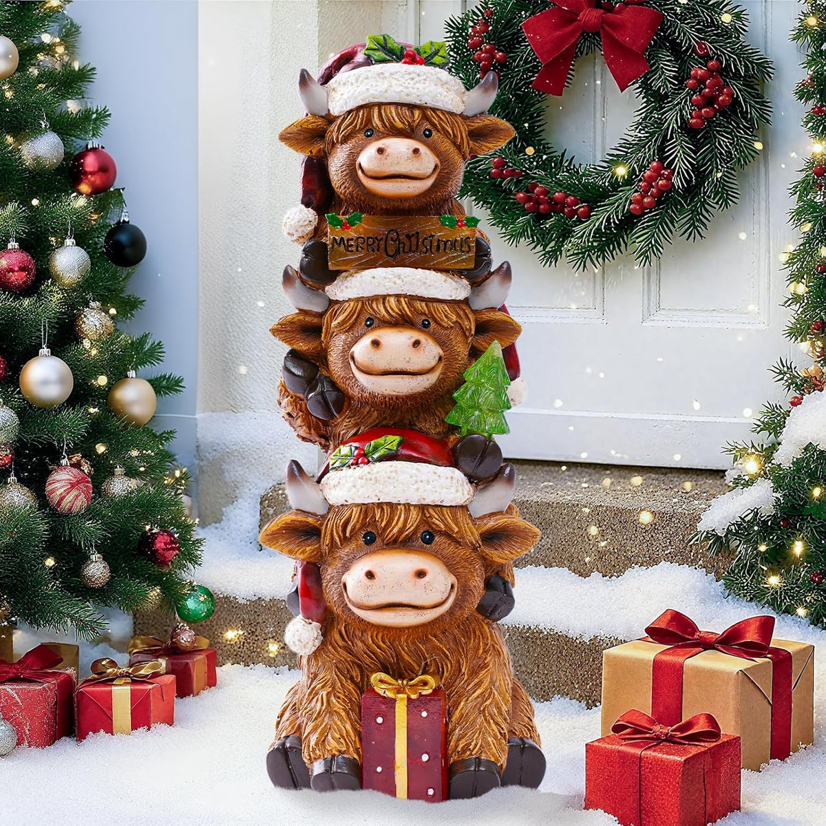Christmas Highland Cow Decor with Solar Light Triple Highland Cow Christmas Decorations Gifts for