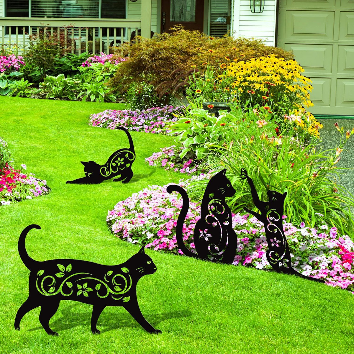 Elcoho 4 Pack Black Cat Silhouette Cute Metal Cat Garden Statues Bird Repellent Decorative Garden