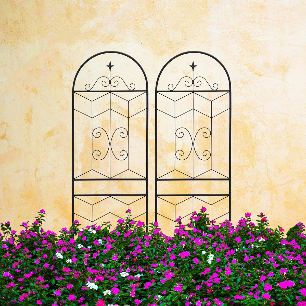 Metal Garden Trellis Rustproof Trellis for Climbing Plants Outdoor Flower Support (Black-2 Pack