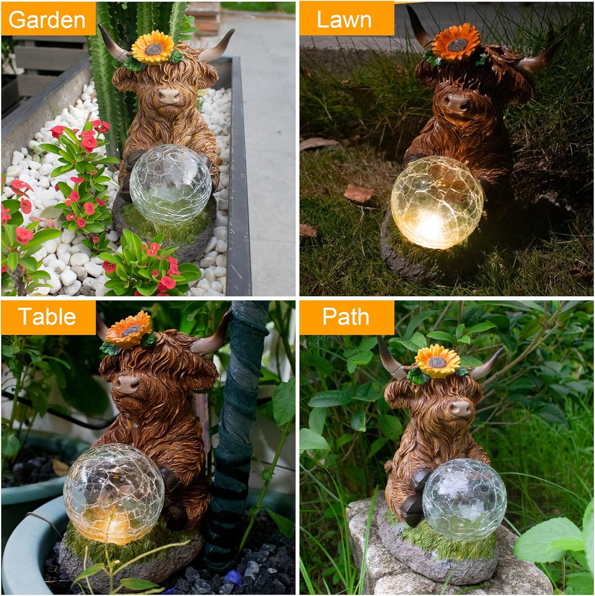 Highland Cow Outdoor Statue with Solar Transparent Ball for Garden Outside Yard Lawn Decor Highland