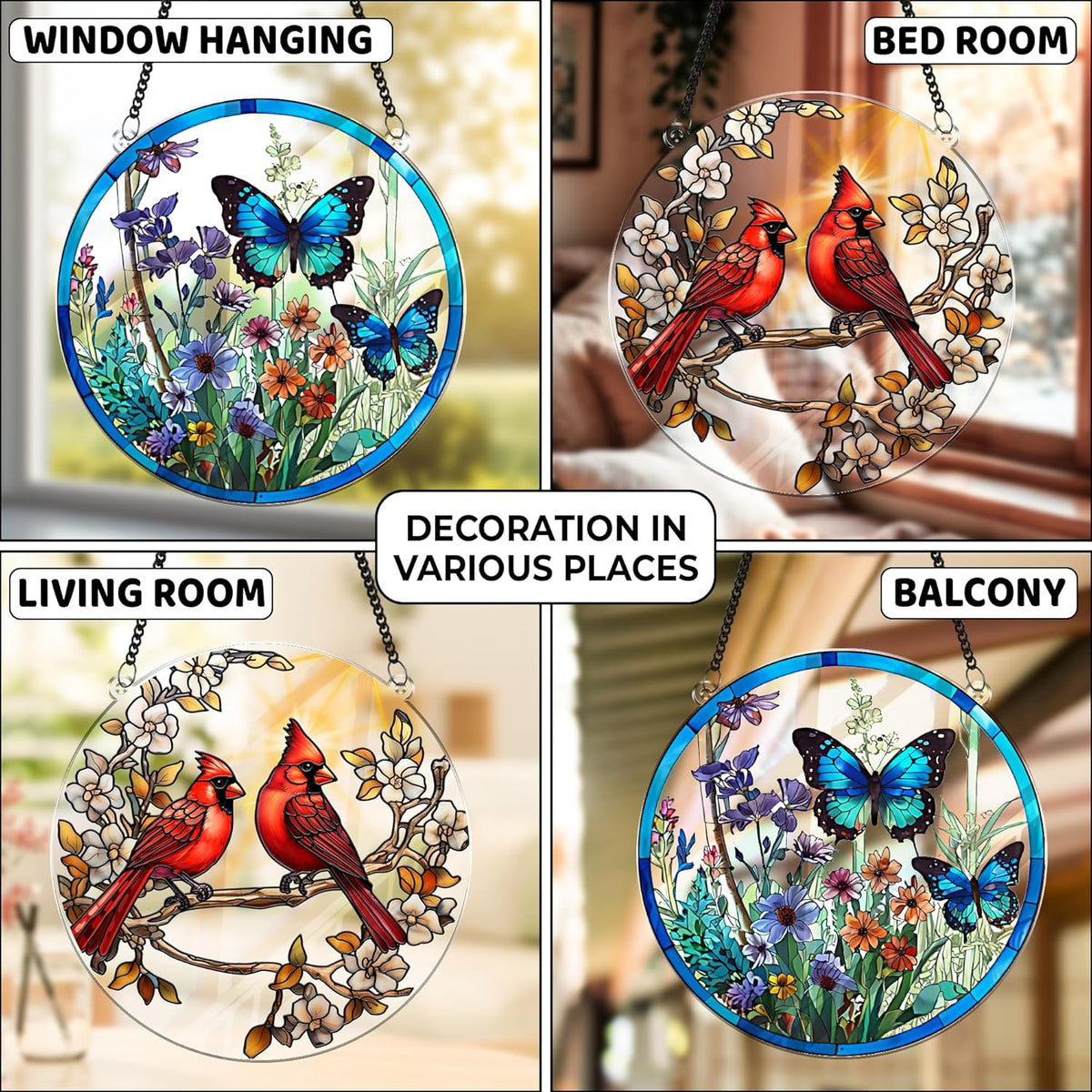 2 Cardinal Butterfly Acrylic Suncatcher, Art Decor for Home, Suncatcher for Window Hanging Indoor