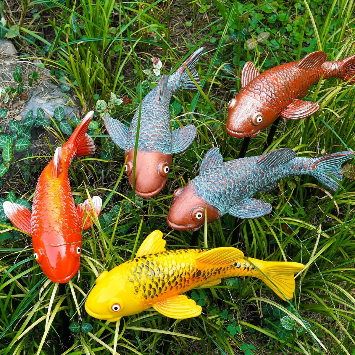 Set of 2 Koi Fish Garden Stakes, Red & Gold Resin Sculptures, Weatherproof Outdoor Patio Pond