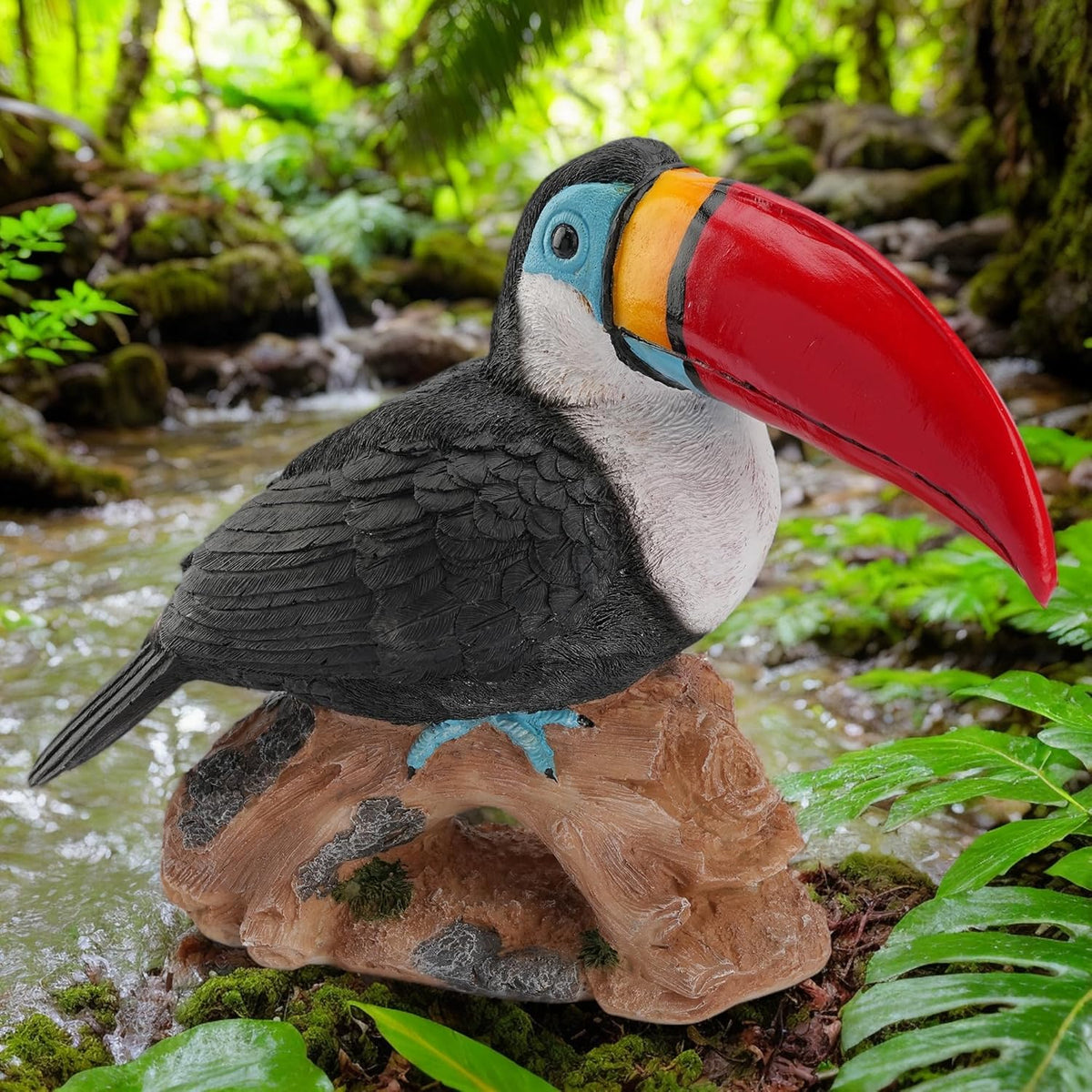 Real Toucan Statue, Vibrant Colorful Outdoor Bird Decor - 14.2" Resin Animal Sculpture