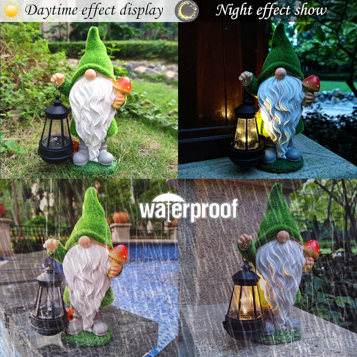 Gnomes Solar Garden Statues,Resin Gnome Figurine Decorations Holding Mushroom and Solar Lights