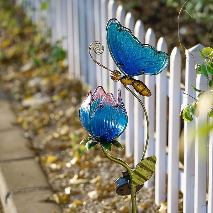 TERESA'S Collections Flower Yard Decorations Outdoor, 42'' Blue Glass Butterfly Solar Outdoor