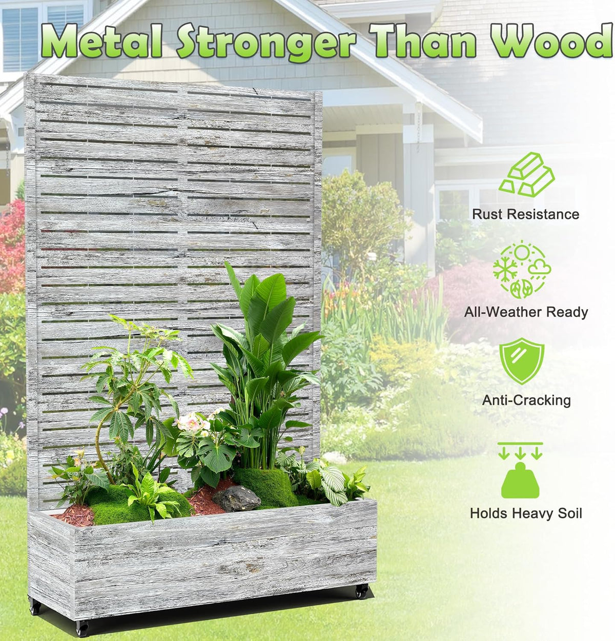 15.7"×70.9"×47.2" Metal Raised Garden Bed with Trellis and Wheels - Tall Trellis Planter Box for