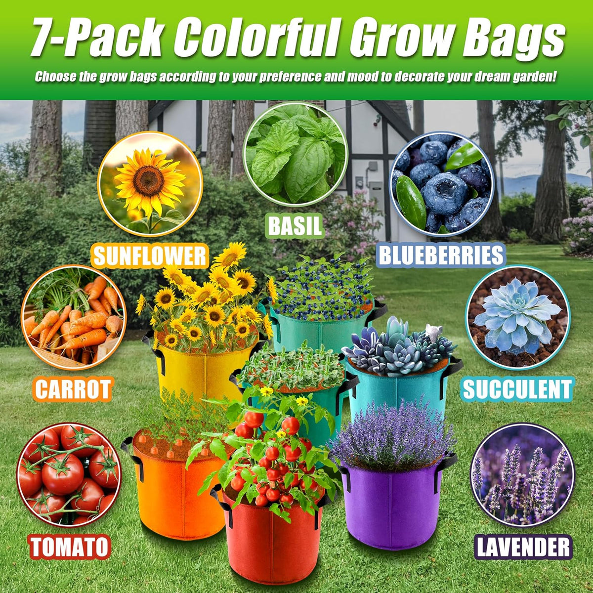7 Gallon Grow Bags, 7 Pack Colorful Fabric Plant Pots with Handles for Garden and Outdoor Planting