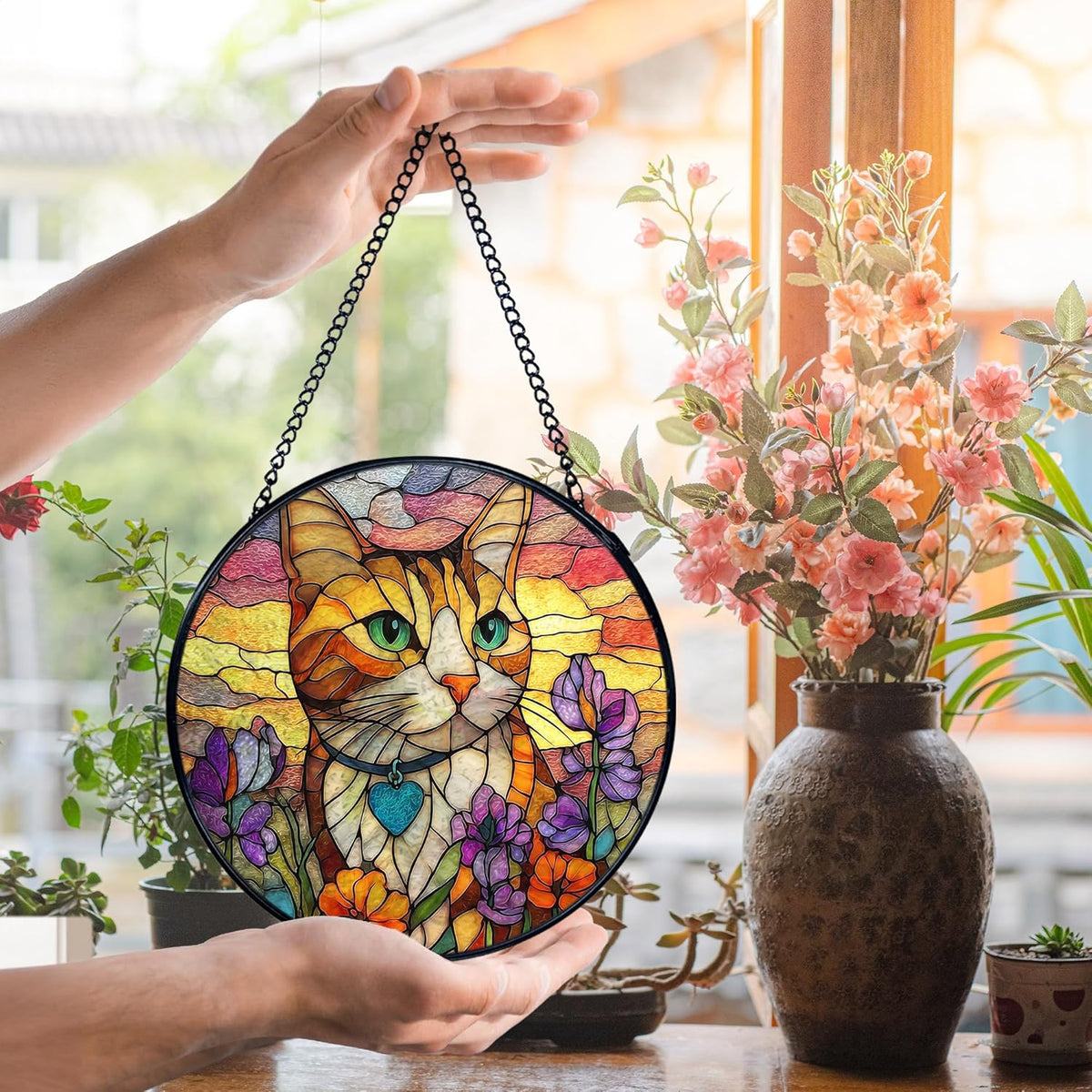 Cat Flower Suncatcher Stained Glass Window Hanging, Orange Cat Sun Catchers Indoor Window Glass