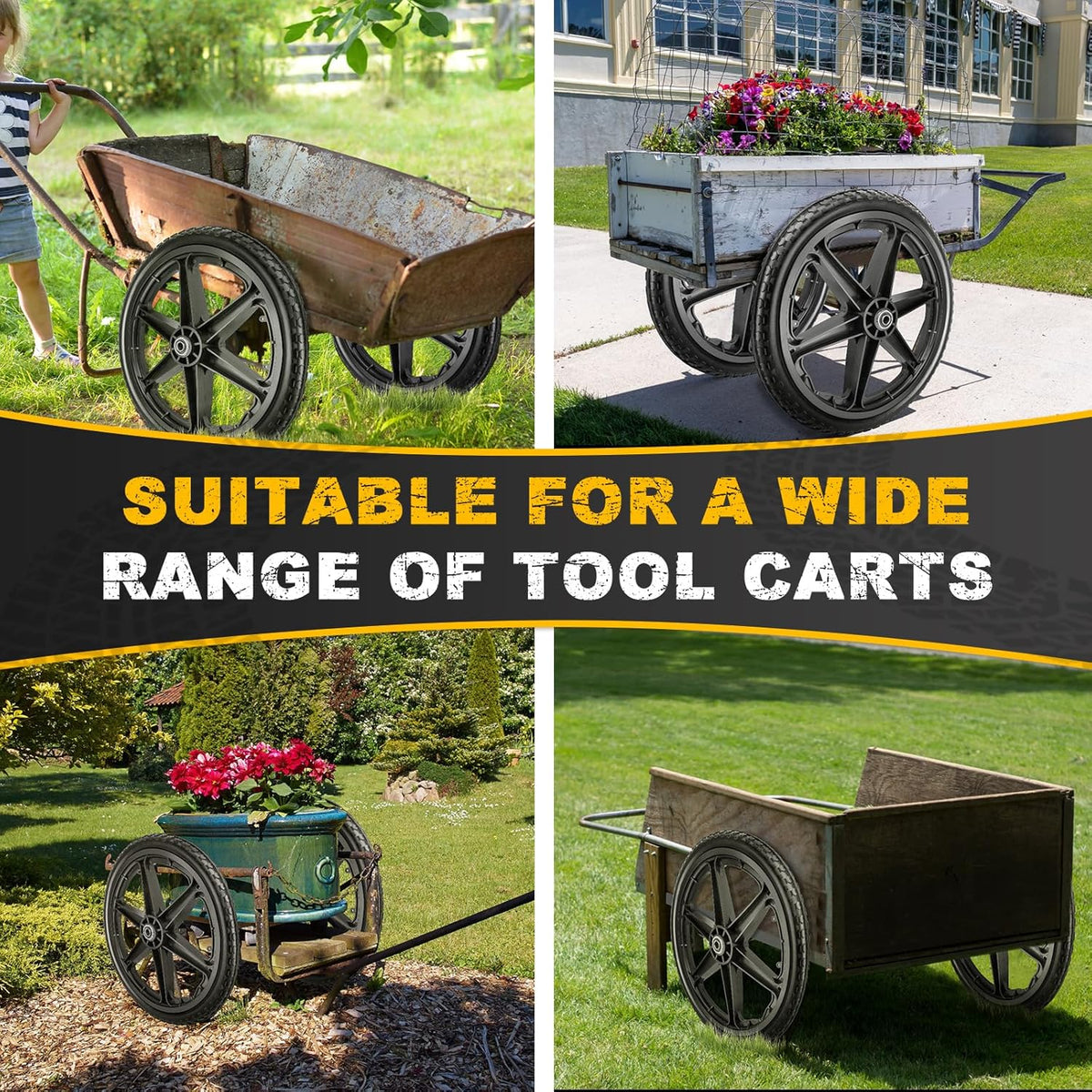 20x1.95" Rim Flat Free Cart Tire Assembly for Rubbermaid Garden Yard Cart, Garden Cart Wheels 20