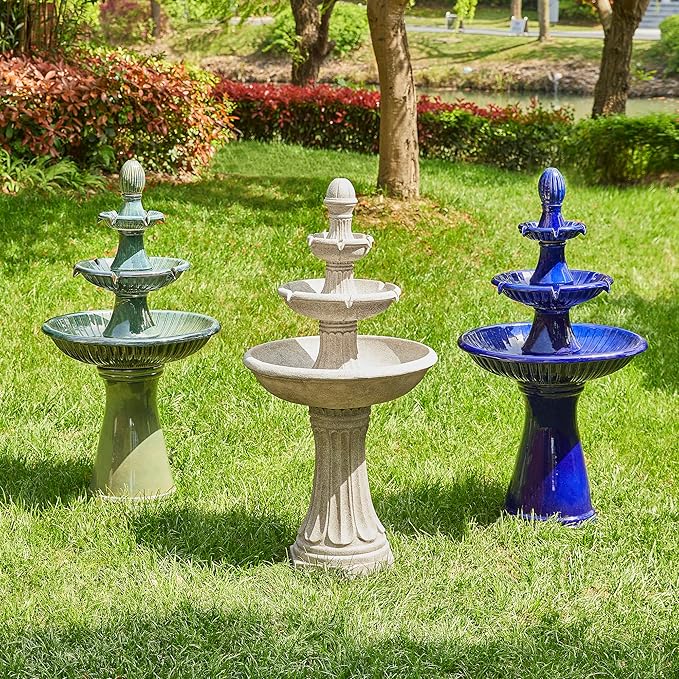 Glitzhome Water Fountain Outdoor Floor-Stand Fountains with LED Light & Pump, Oversized 3 Tier
