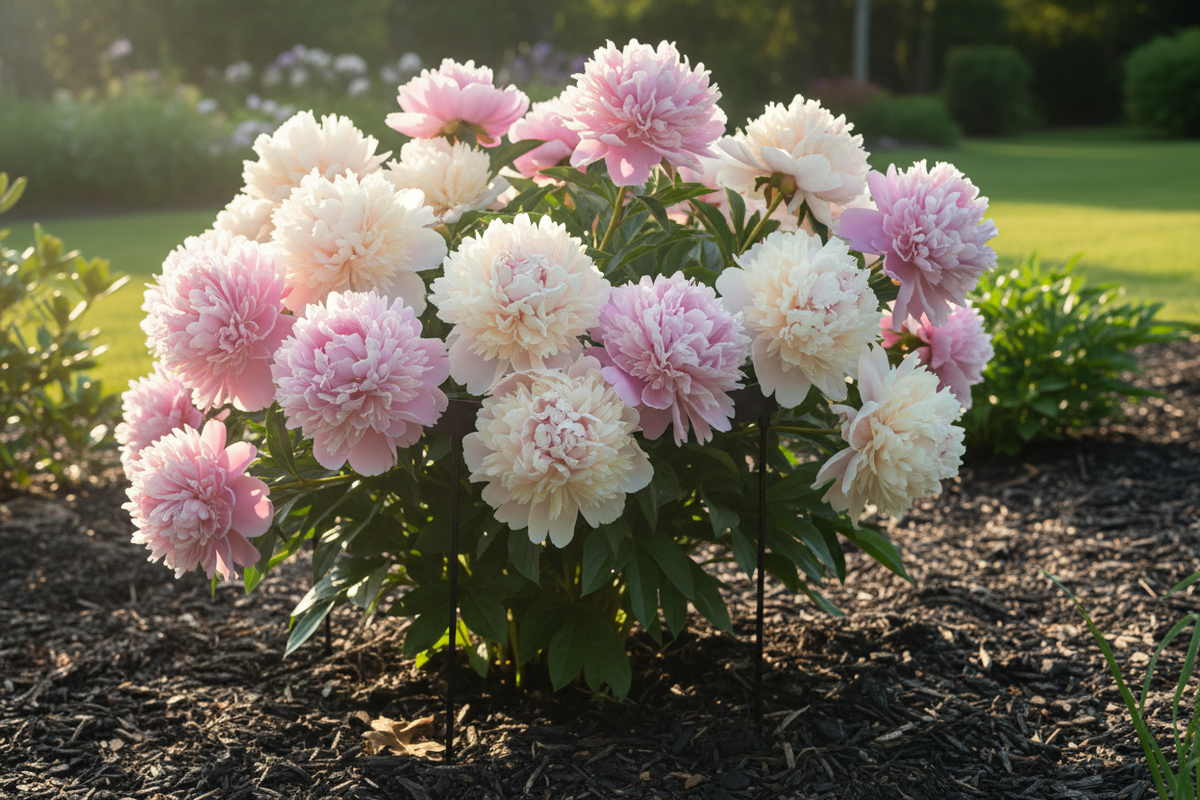 Large pink and white peonies fully blooming supported by black metal round cage rings in a garden bed