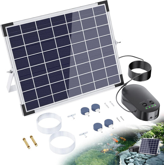 15W Solar Pond Aerator with 4400mAh Battery, Solar Air Pump with 2 Outlets, 3 Modes, Low Noise