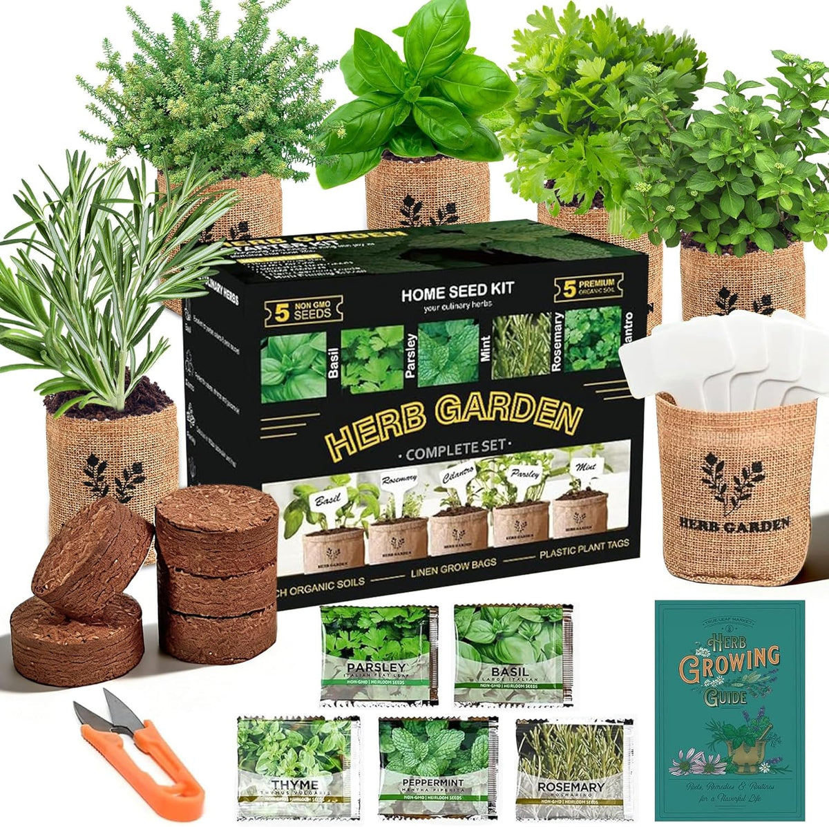 Indoor Herb Garden Kit – Complete Starter Growing Set with Planter Bags, Soil Discs & Tools | Easy