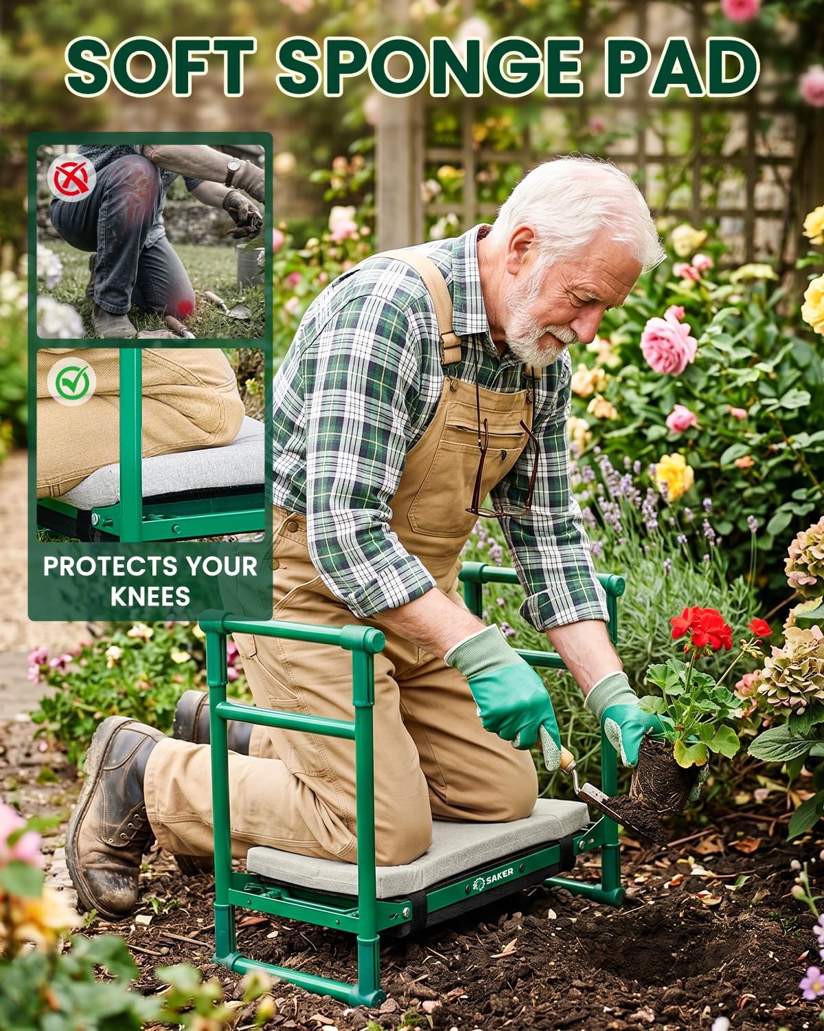 Saker Garden Kneeler and Seat – 500LB Heavy Duty Foldable Gardening Stool with Soft Kneeling Pad