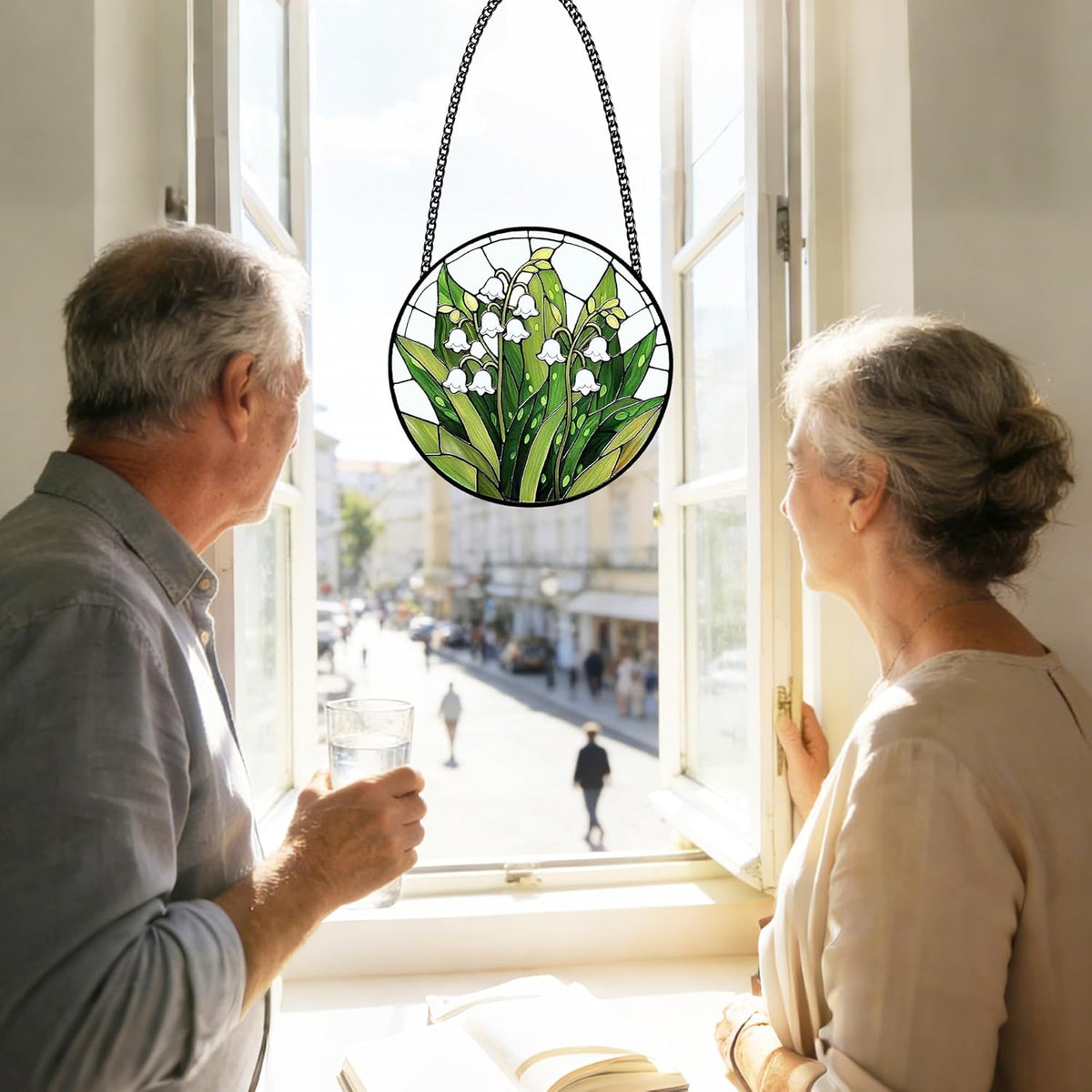 Stained Glass Lily of the Valley Suncatcher – Floral Window Hanging Decor with Chain, Green Glass