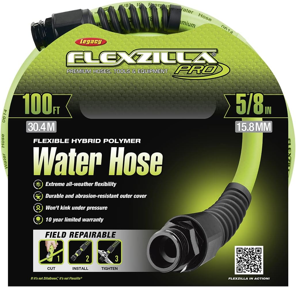 Flexzilla Pro 100FT Garden Water Hose – Heavy Duty Flexible Hybrid Polymer Hose with Reusable