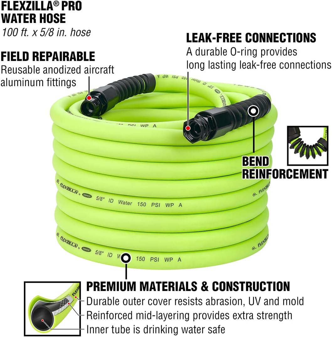 Flexzilla Pro 100FT Garden Water Hose – Heavy Duty Flexible Hybrid Polymer Hose with Reusable
