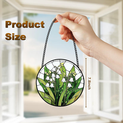 Stained Glass Lily of the Valley Suncatcher – Floral Window Hanging Decor with Chain, Green Glass