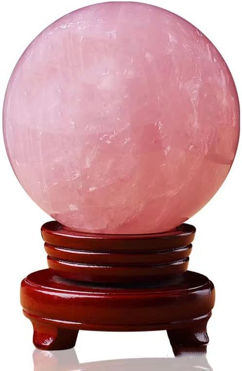StoneStory Rose Quartz Crystal Sphere Ball with Wood Stand Large Healing Crystals Sphere Sculpture