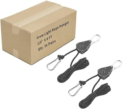 Grow Light Rope Hanger 50Pairs，1/8" 8-Feet Long Heavy Duty Adjustable Rope Clip Hanger, Adjustable