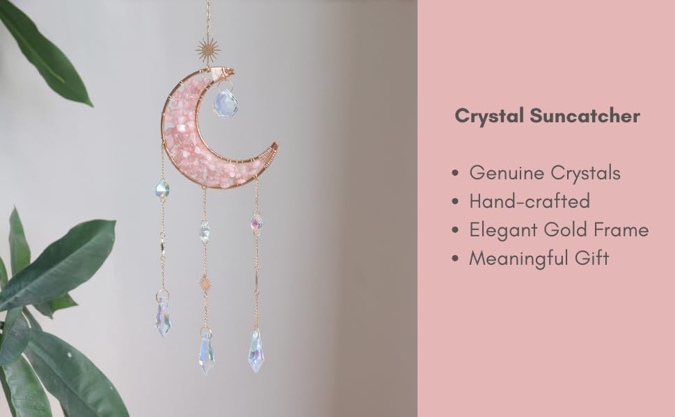 Moon Suncatcher Hanging Decor, Boho Chic Rose Quartz Crystal Sun Catcher, Spritual Sun Light