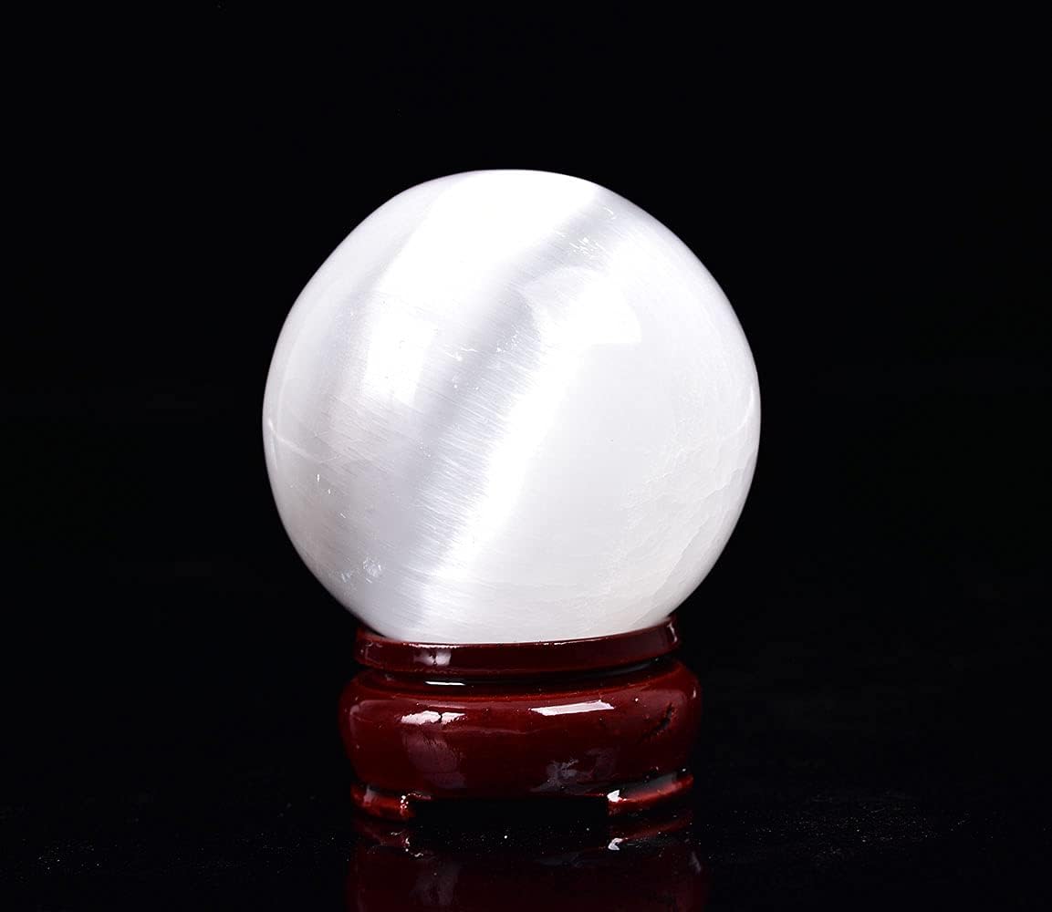 JIC Gem Selenite Crystal Ball with Wooden Stand Healing Crystal Sphere for Meditation, Home