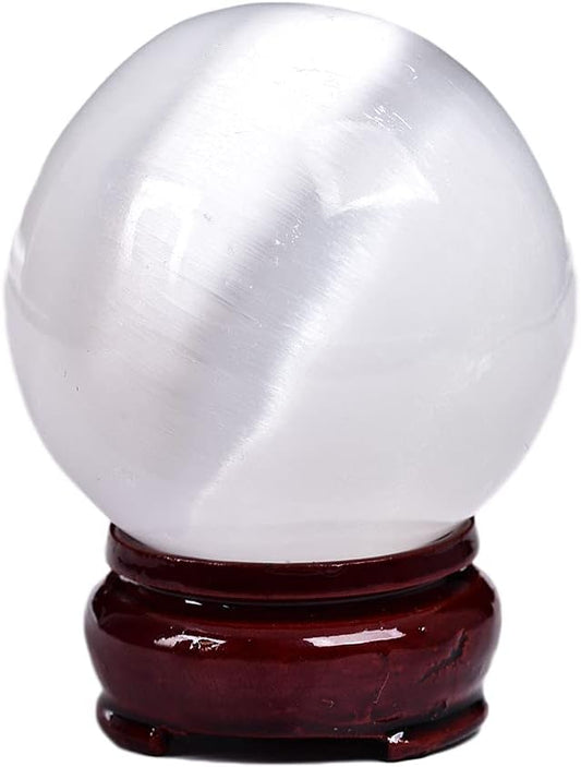 JIC Gem Selenite Crystal Ball with Wooden Stand Healing Crystal Sphere for Meditation, Home