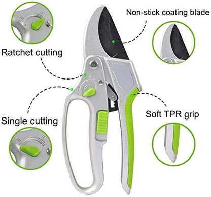 Garden Guru Ratchet Hand Pruning Shears - 2 in 1 Professional Garden Clippers with Ergonomic Grip
