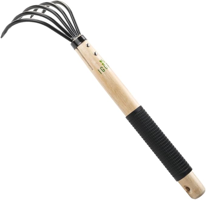 15inch Wood Hand Japanese Claw Rake NonSlip Rubber Handle, Military Grade Steel 5 Tine Cultivator