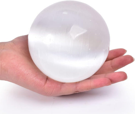 JIC Gem 3.5-4 Inch(90-100mm) Selenite Crystal Sphere with Wooden Stand Healing Crystal Ball for