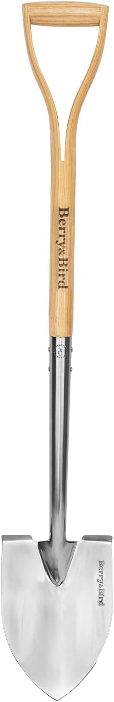 Berry&Bird Round Point Gardening Shovel with Wood D-Handle, 40.98" Stainless Steel Beach & Snow