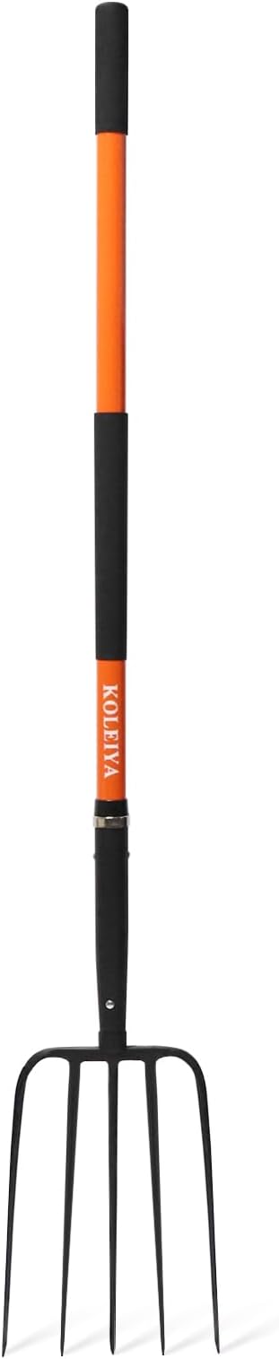 5-Tine Pitchfork for Gardening, 57-Inch Heavy Duty Garden Fork with Orange Fiberglass Handle for