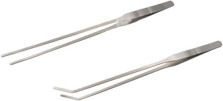 LGEGE 2pcs Long Handle Stainless Steel Straight and Curved Tweezers Nippers for Garden, Kitchen