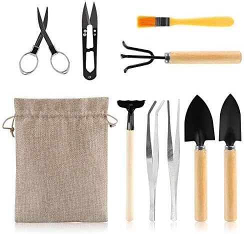 9 Piece Basic Bonsai Tools Set, Includes Pruning Shears, Mini Rake, Fold Scissors and More