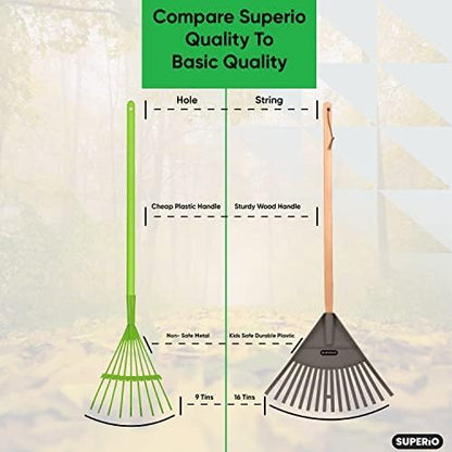 Pack of 12 Kids Rake with Hardwood Handle, Durable Plastic Head to Sweep Leaves in Lawn and Tidying