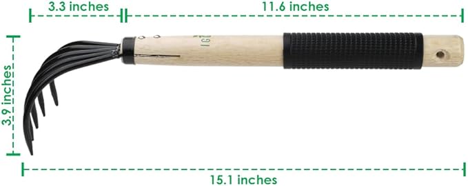 15inch Wood Hand Japanese Claw Rake NonSlip Rubber Handle, Military Grade Steel 5 Tine Cultivator