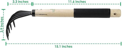 15inch Wood Hand Japanese Claw Rake NonSlip Rubber Handle, Military Grade Steel 5 Tine Cultivator
