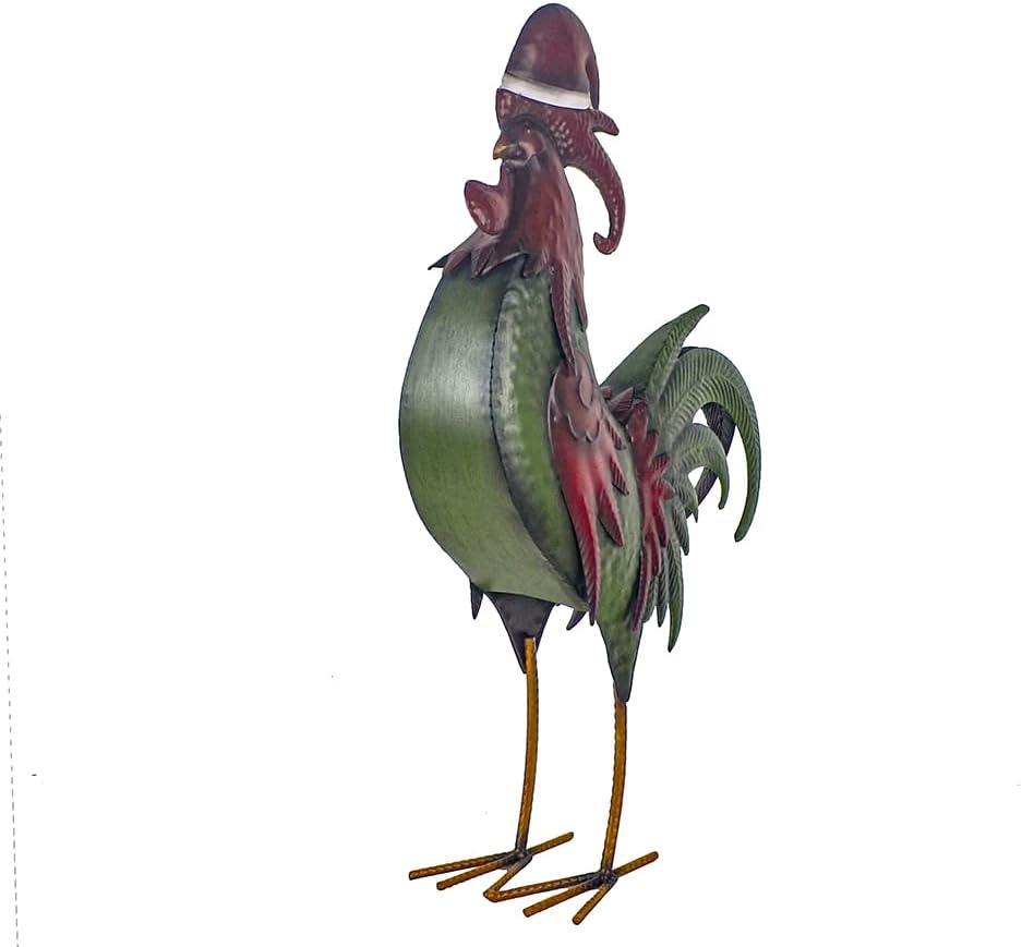 Rooster Statue Creative Chicken Animal Sculpture with Christmas Hat Garden Decoration Metal Yard