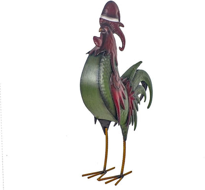 Rooster Statue Creative Chicken Animal Sculpture with Christmas Hat Garden Decoration Metal Yard