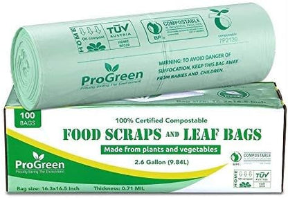 ProGreen Compostable Trash Bags 2.6 Gallon, 100 Count, Extra Thick 0.71 Mil, Small Compost Kitchen