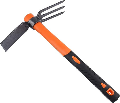 3 Sprongs Dual Head Rake Hoe with Heavy Duty Forged Adze and Ergonomic Non-Slip Handle for